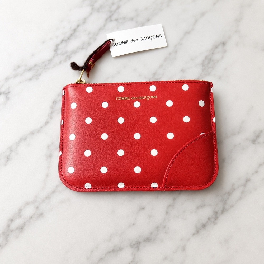 Comme des Garçons Wallet Red White Polka Dot Leather Zip Pouch Clutch NWT